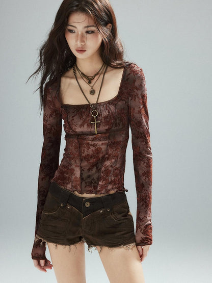 Low pixel Pixelated Flocked Print Spliced Square Neck Slim Women&