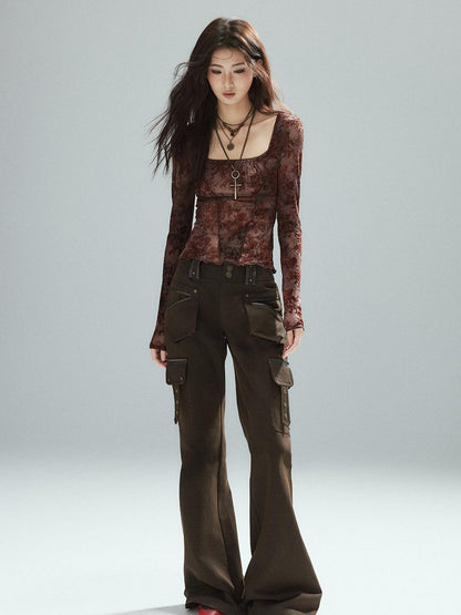Low pixel Pixelated Flocked Print Spliced Square Neck Slim Women&