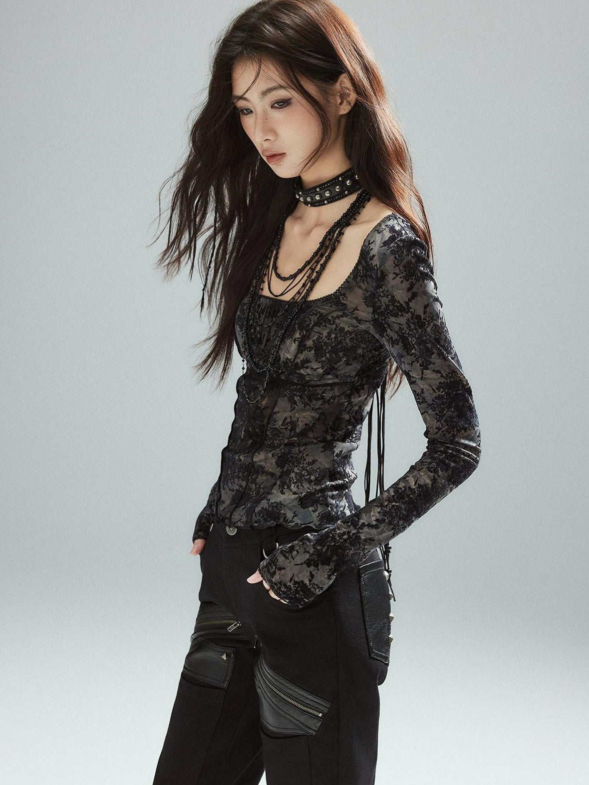 Low pixel Pixelated Flocked Print Spliced Square Neck Slim Women&
