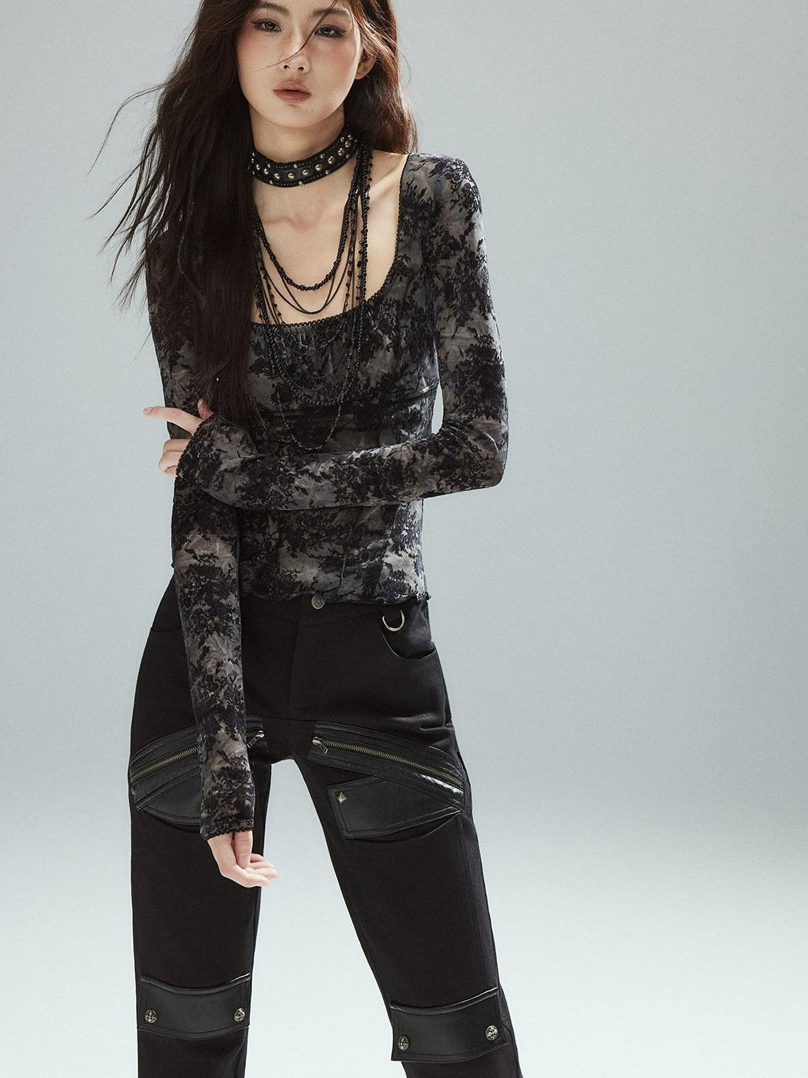 Low pixel Pixelated Flocked Print Spliced Square Neck Slim Women&