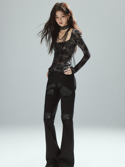 Low pixel Pixelated Flocked Print Spliced Square Neck Slim Women&