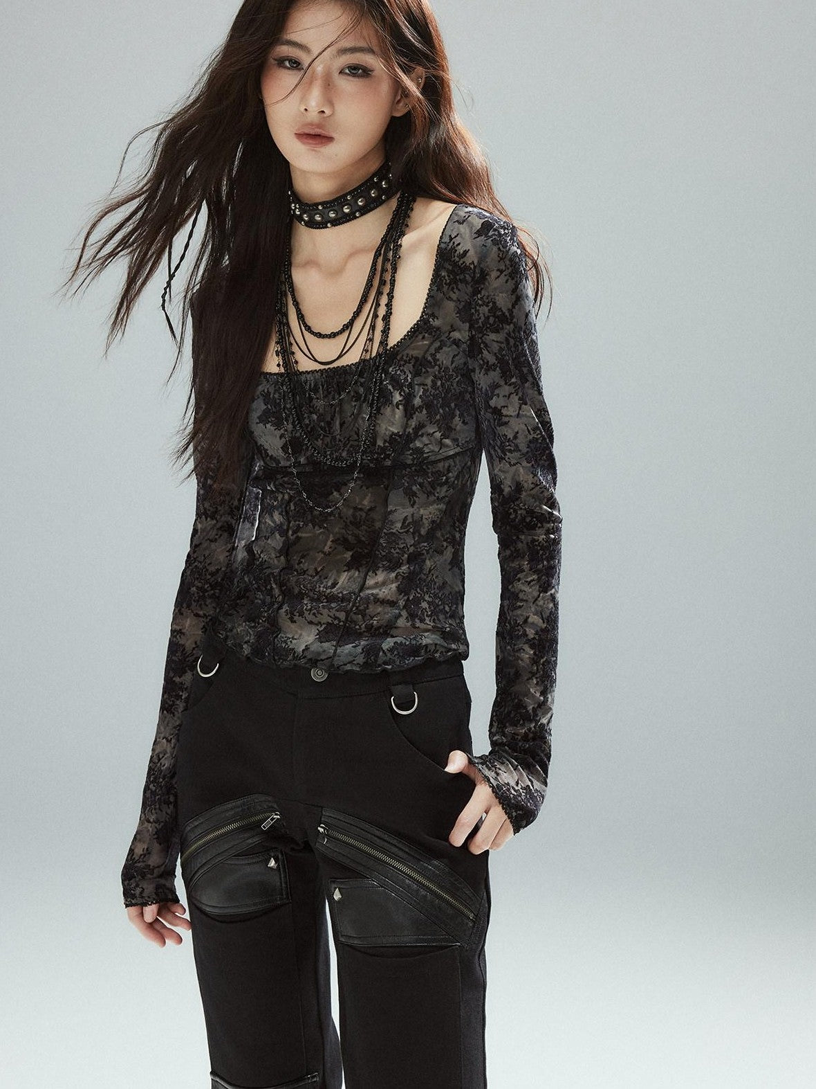 Low pixel Pixelated Flocked Print Spliced Square Neck Slim Women&