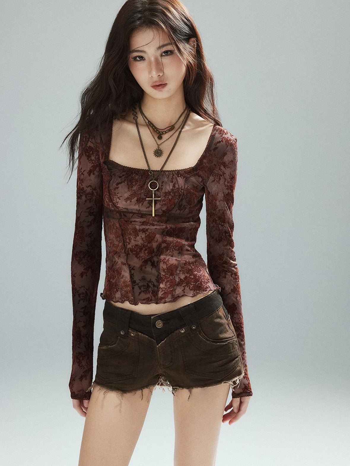 Low pixel Pixelated Flocked Print Spliced Square Neck Slim Women&