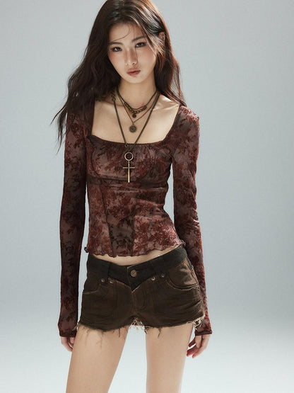 Low pixel Pixelated Flocked Print Spliced Square Neck Slim Women&