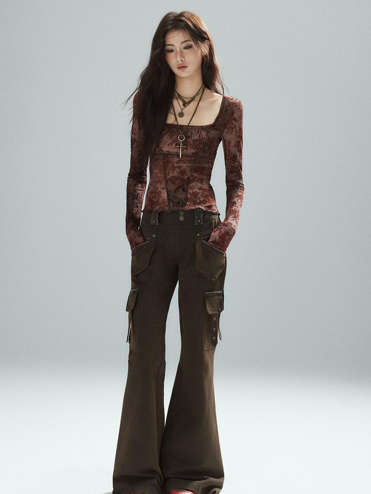 Low pixel Pixelated Flocked Print Spliced Square Neck Slim Women&