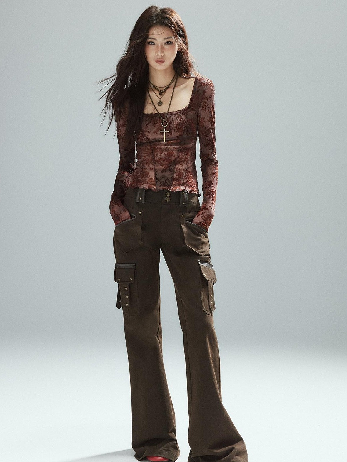 Low pixel Pixelated Flocked Print Spliced Square Neck Slim Women&