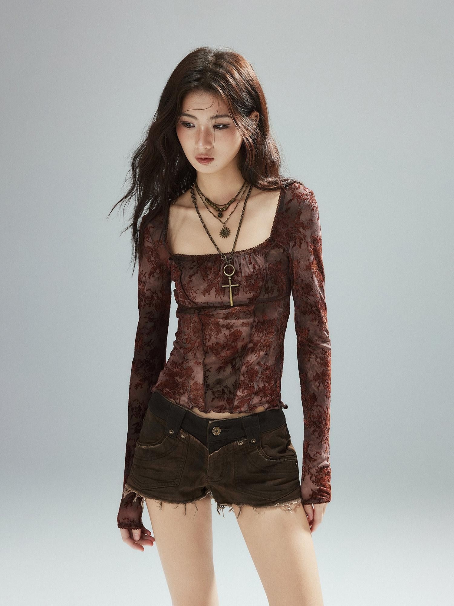 Low pixel Pixelated Flocked Print Spliced Square Neck Slim Women&
