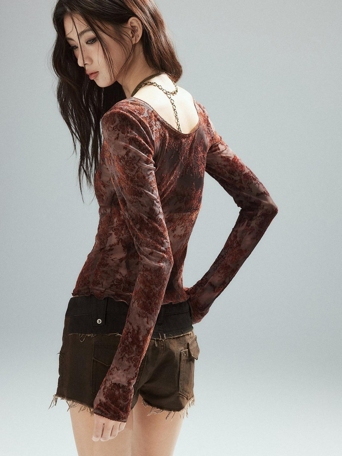 Low pixel Pixelated Flocked Print Spliced Square Neck Slim Women&