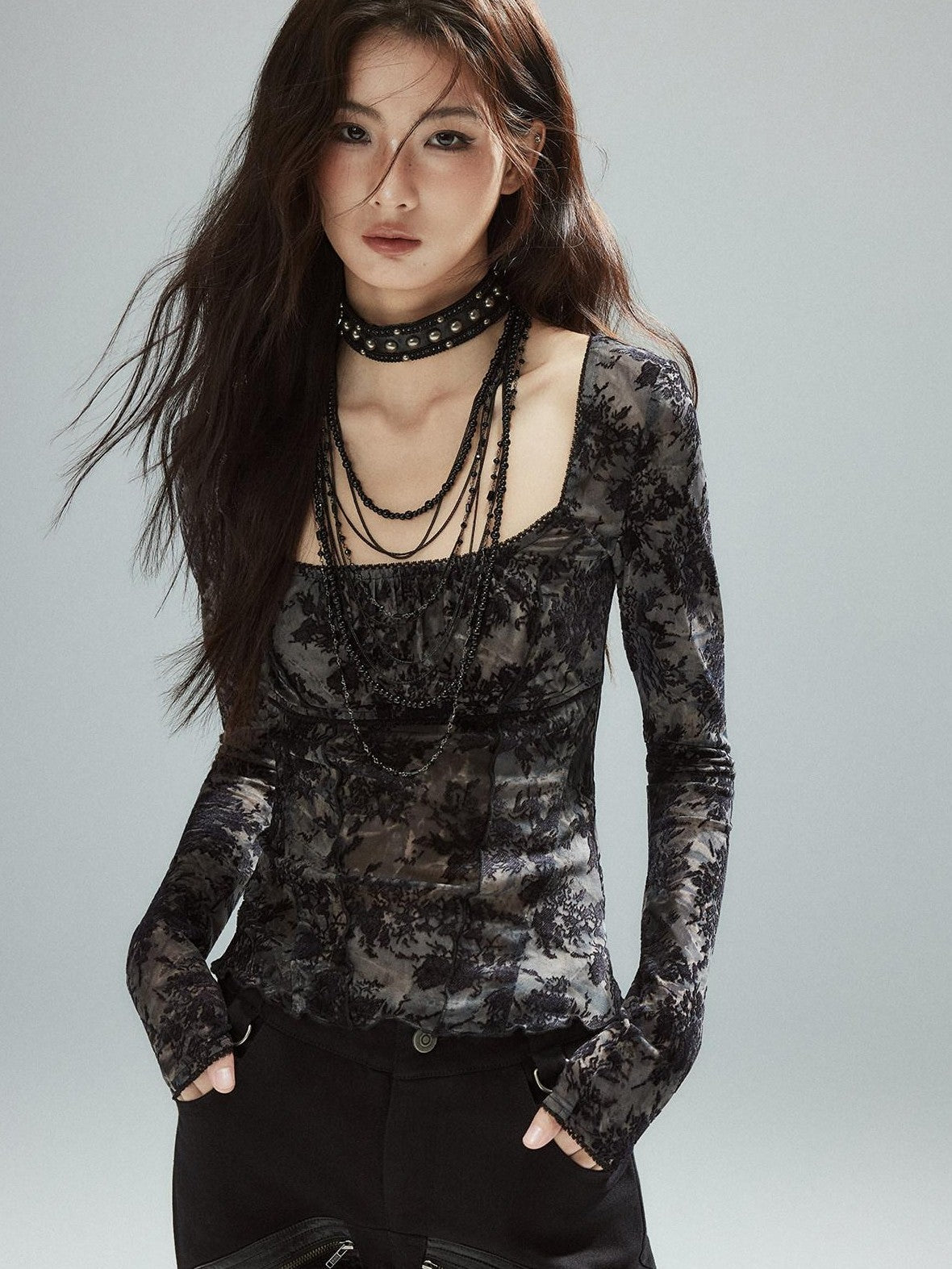 Low pixel Pixelated Flocked Print Spliced Square Neck Slim Women&