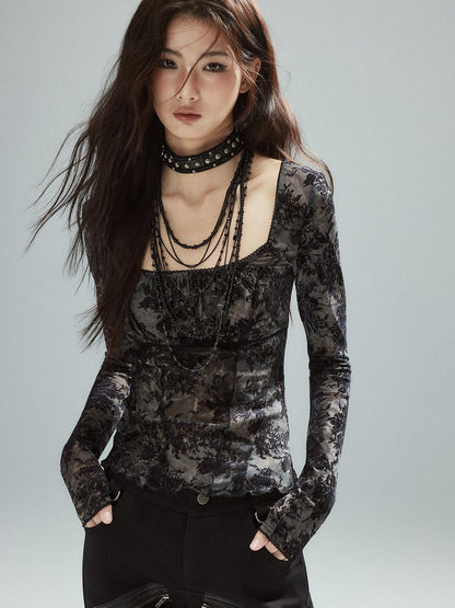 Low pixel Pixelated Flocked Print Spliced Square Neck Slim Women&