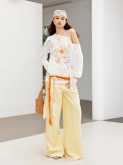 Relaxed Linen Pants With Vintage Lace Trim Waistband