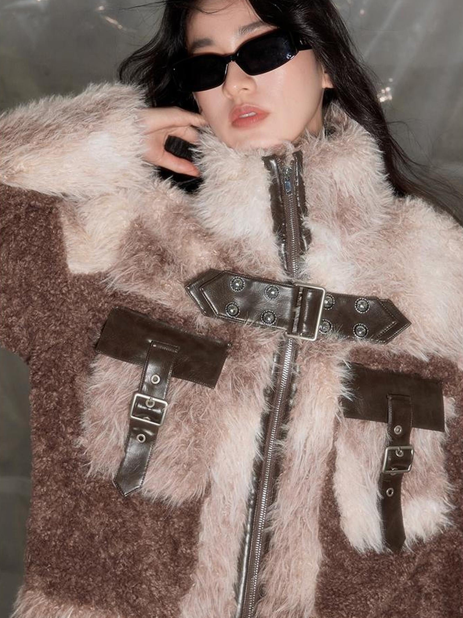 DIDDI MODA Luxury Fluffy Collar Faux Fur Coat