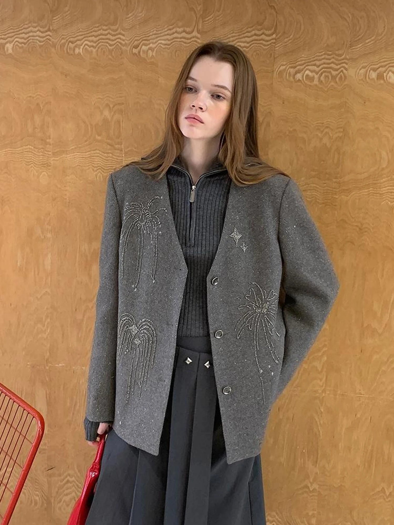 Luxury Wool V Neck Blazer With High Density Beaded Firework Embroidery