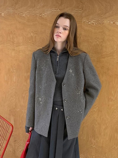 Luxury Wool V Neck Blazer With High Density Beaded Firework Embroidery