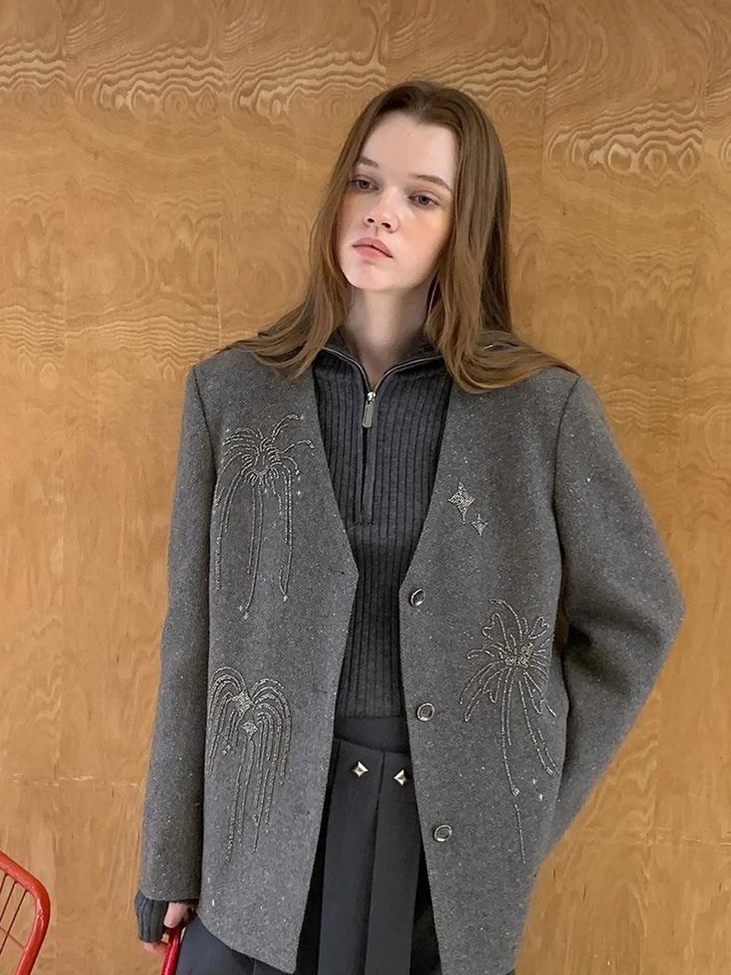 Luxury Wool V Neck Blazer With High Density Beaded Firework Embroidery
