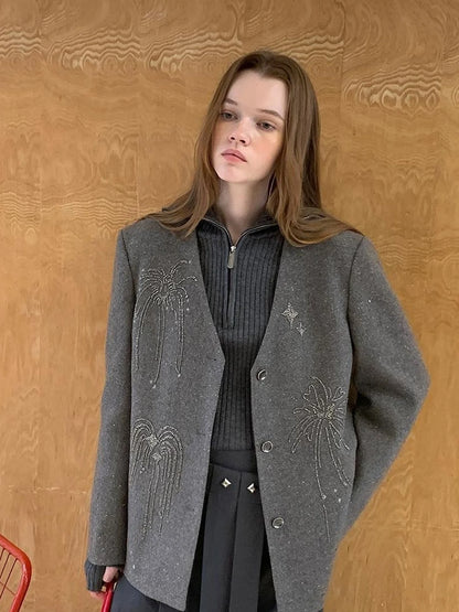 Luxury Wool V Neck Blazer With High Density Beaded Firework Embroidery