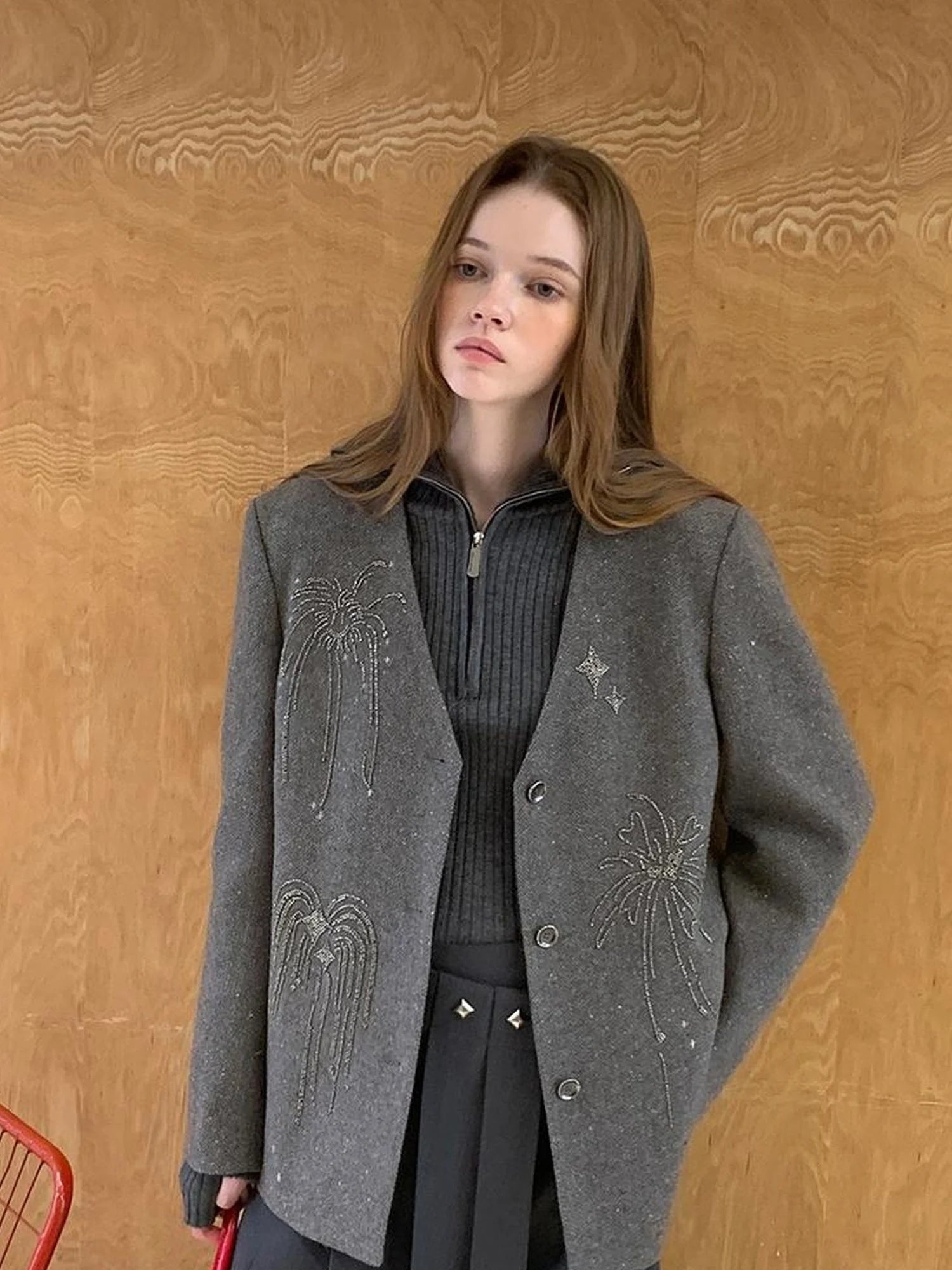 Luxury Wool V Neck Blazer With High Density Beaded Firework Embroidery