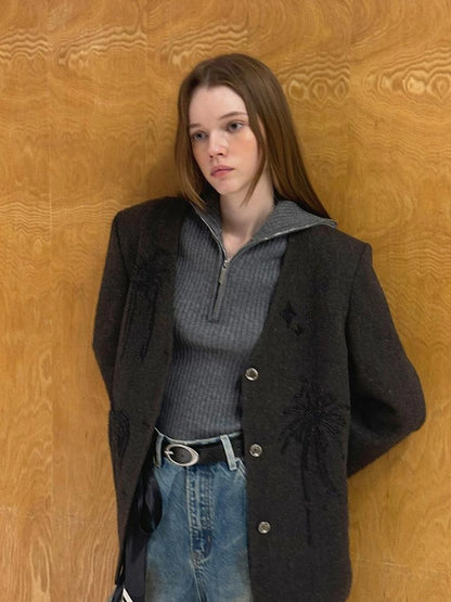 Luxury Wool V Neck Blazer With High Density Beaded Firework Embroidery