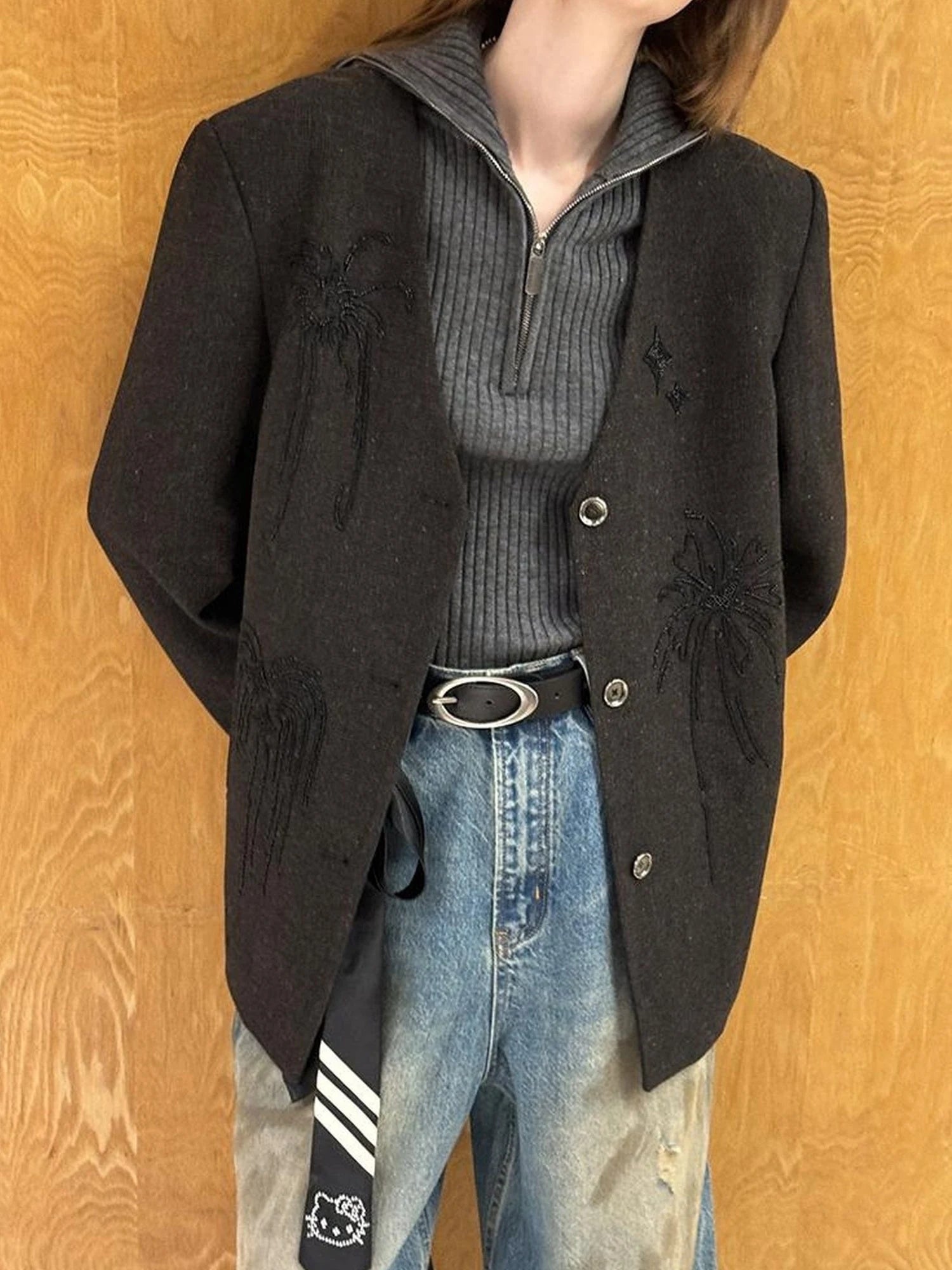 Luxury Wool V Neck Blazer With High Density Beaded Firework Embroidery