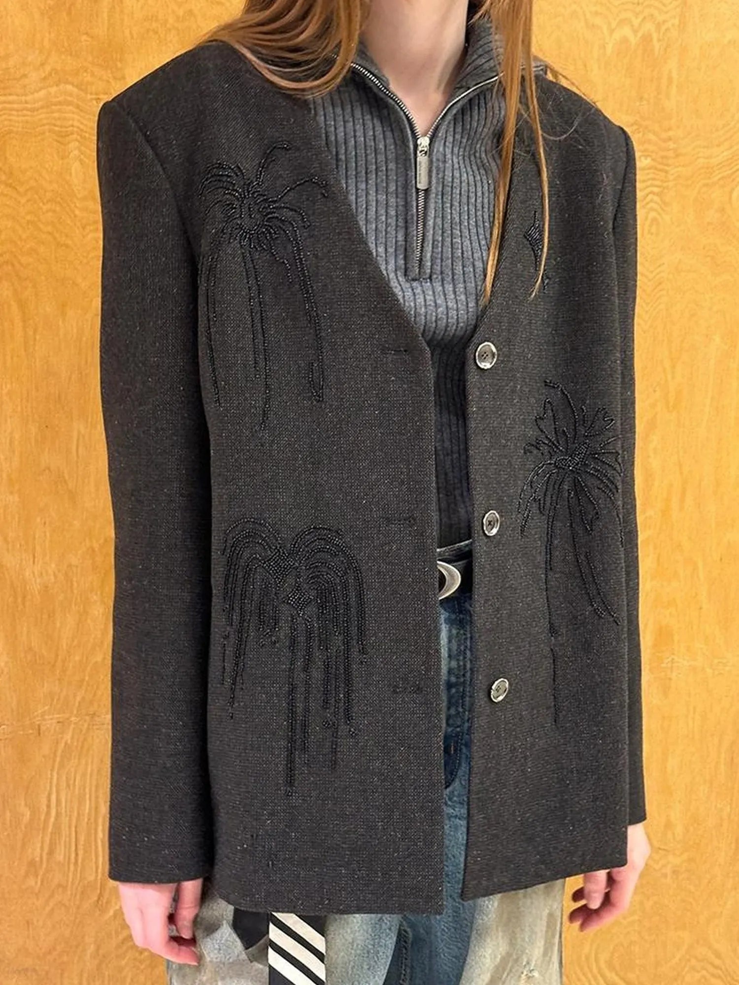 Luxury Wool V Neck Blazer With High Density Beaded Firework Embroidery