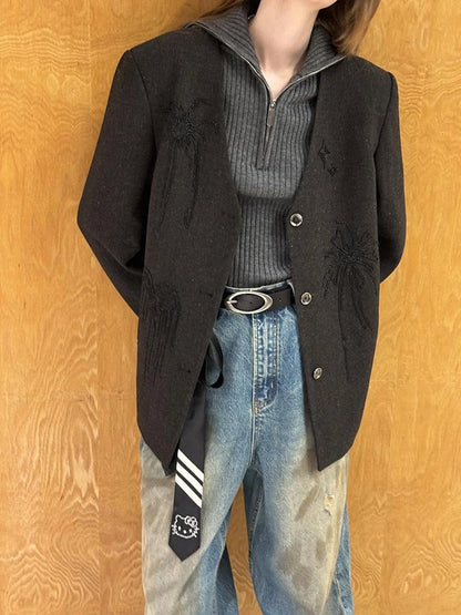 Luxury Wool V Neck Blazer With High Density Beaded Firework Embroidery