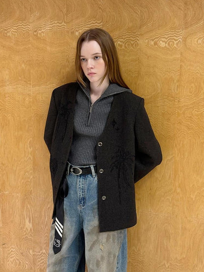 Luxury Wool V Neck Blazer With High Density Beaded Firework Embroidery