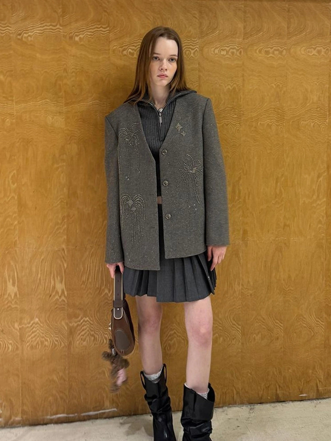 Luxury Wool V Neck Blazer With High Density Beaded Firework Embroidery