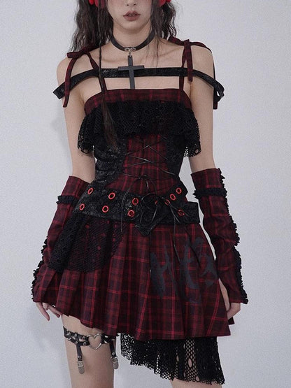 WSW WUSHENWU Magic Rhythm Rock Tartan Strap Dress