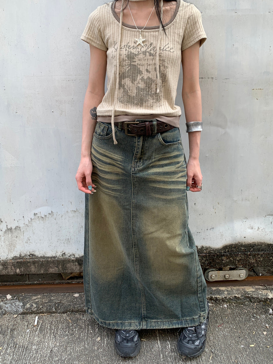 ang project Vintage Washed Distressed Side Slit Denim Maxi Skirt