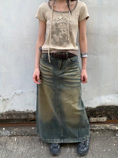 ang project Vintage Washed Distressed Side Slit Denim Maxi Skirt