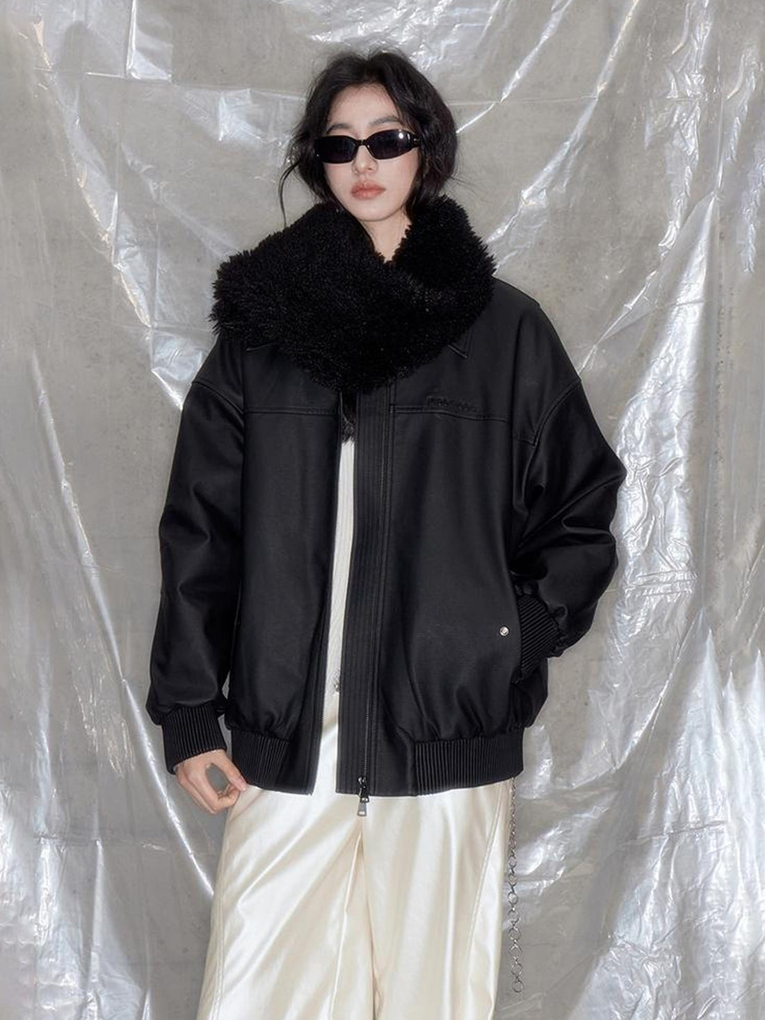 DIDDI MODA Matte Black Faux Fur Scarf Leather Jacket Winter 2024