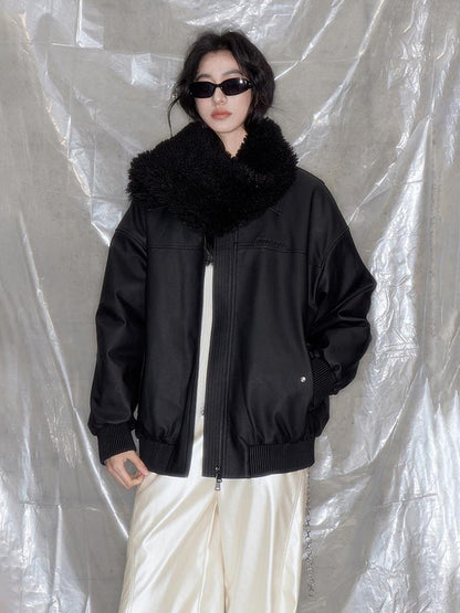DIDDI MODA Matte Black Faux Fur Scarf Leather Jacket Winter 2024