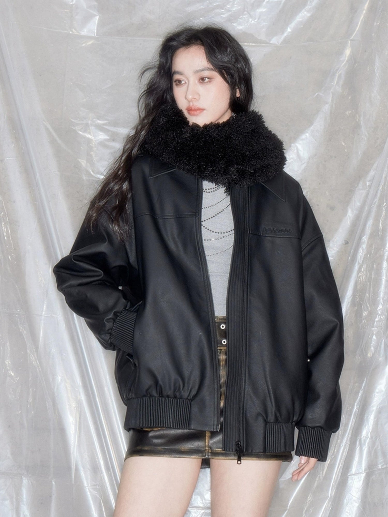 DIDDI MODA Matte Black Faux Fur Scarf Leather Jacket Winter 2024