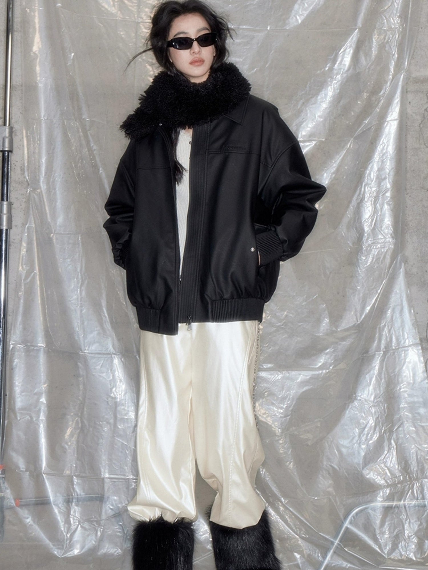 DIDDI MODA Matte Black Faux Fur Scarf Leather Jacket Winter 2024