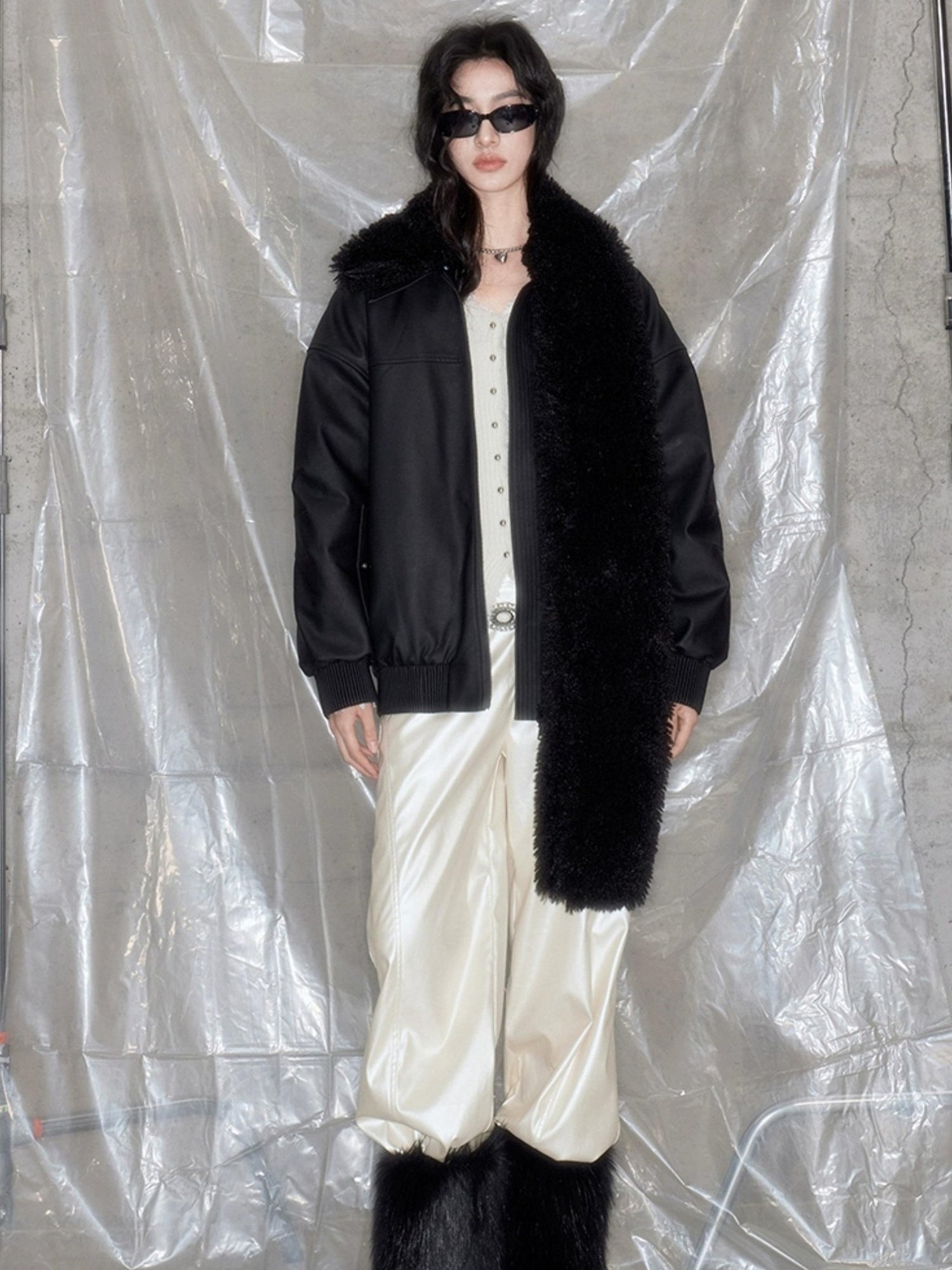 DIDDI MODA Matte Black Faux Fur Scarf Leather Jacket Winter 2024