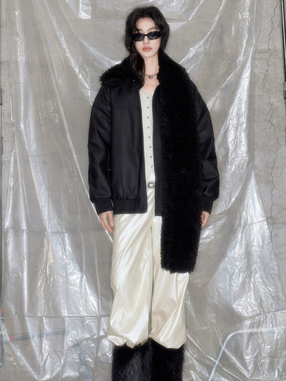 DIDDI MODA Matte Black Faux Fur Scarf Leather Jacket Winter 2024