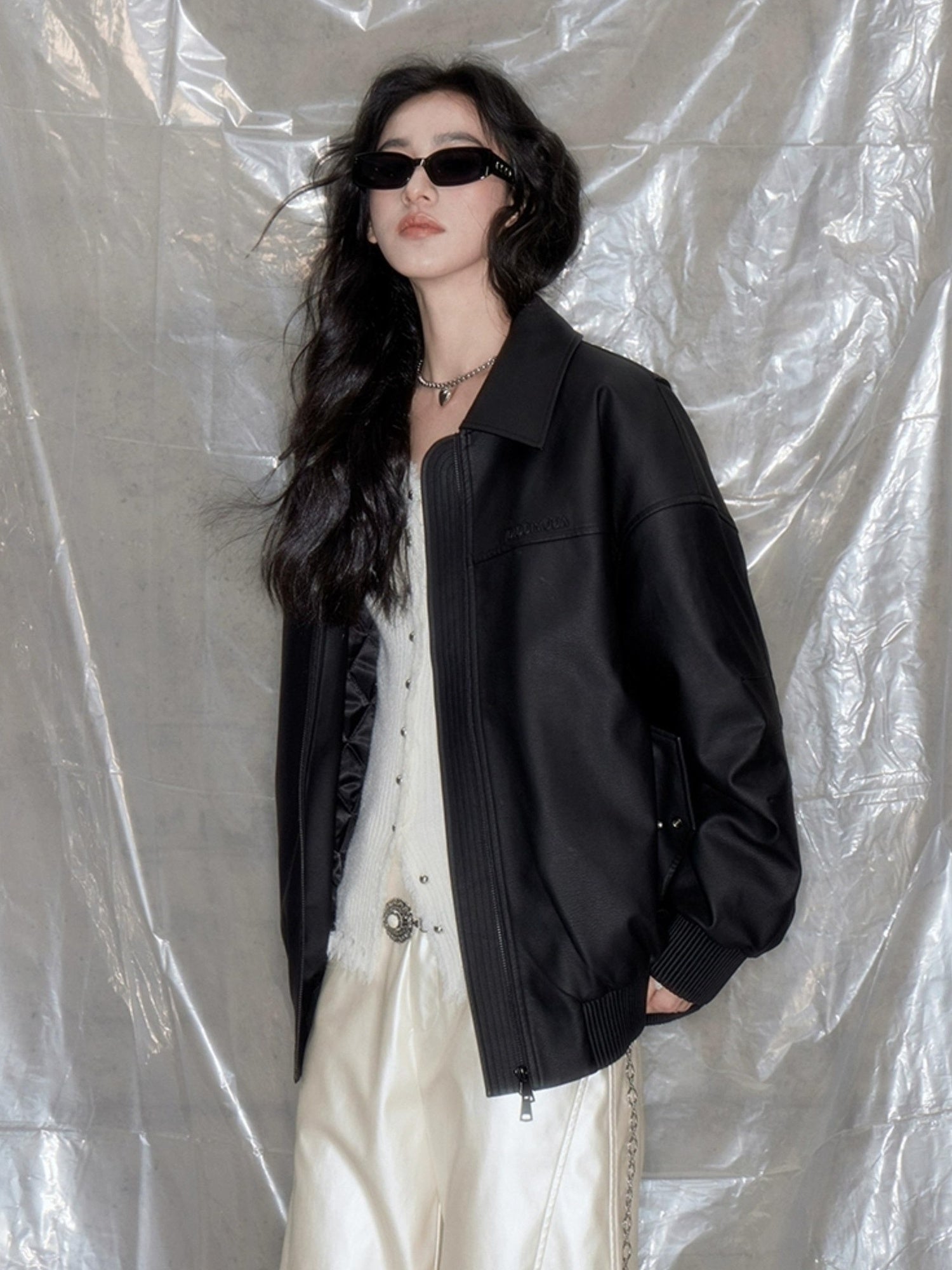 DIDDI MODA Matte Black Faux Fur Scarf Leather Jacket Winter 2024