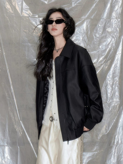 DIDDI MODA Matte Black Faux Fur Scarf Leather Jacket Winter 2024
