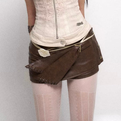 Flowers birds Market Two Tone Vintage Distressed Leather Shorts