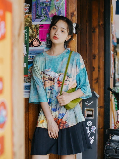 Sweet Mi Meow Retro Vintage Print Summer Tee Free Size