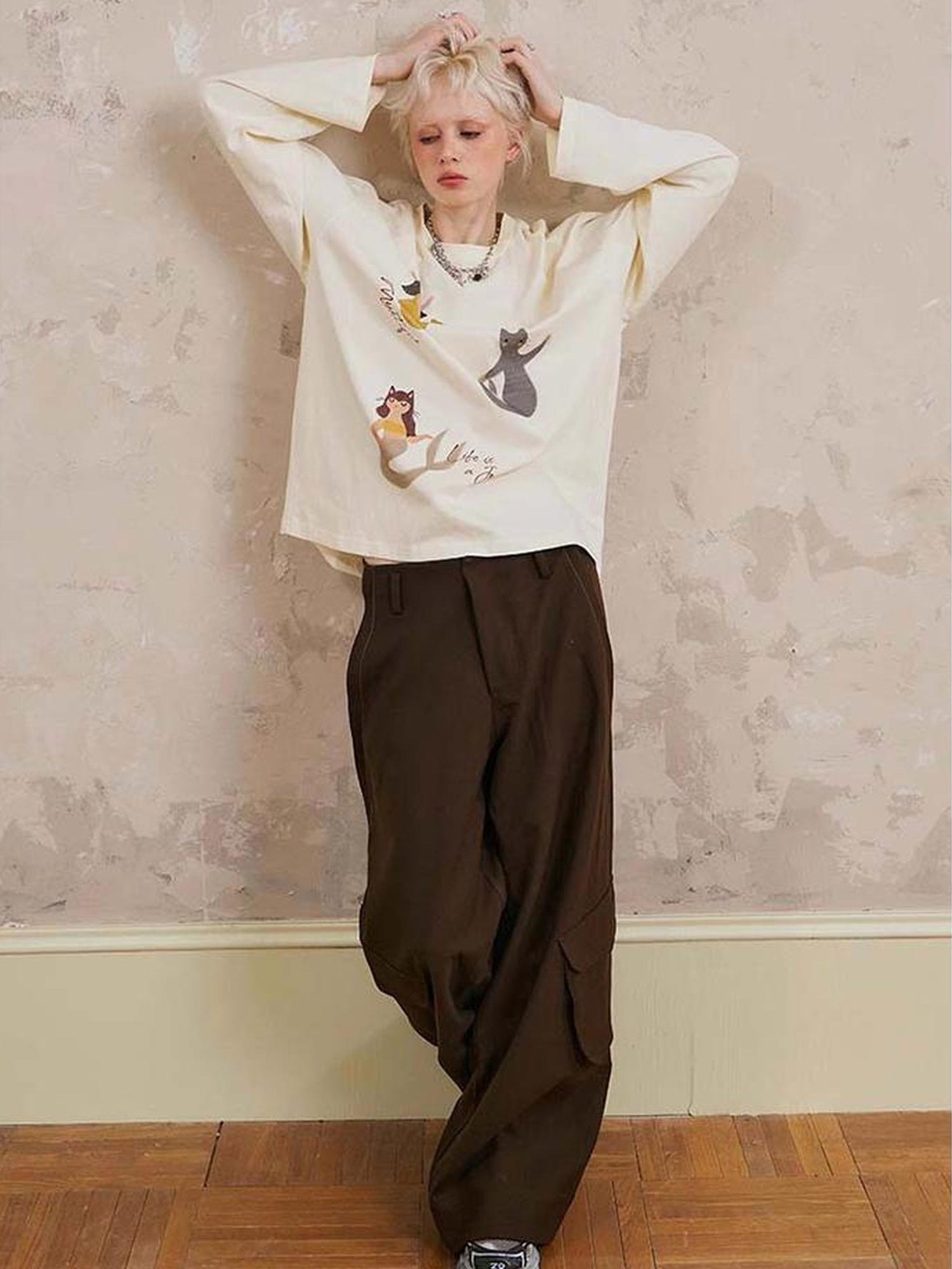 DIDDI MODA Mermaid Cat Cartoon Long Sleeve Tee