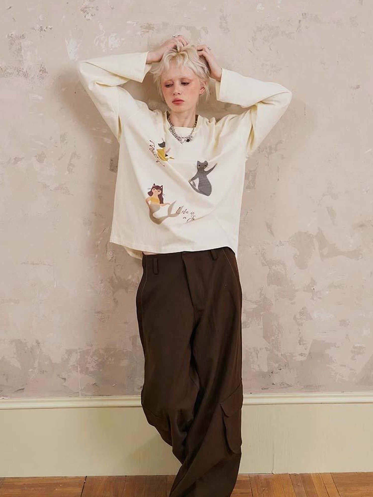 DIDDI MODA Mermaid Cat Cartoon Long Sleeve Tee