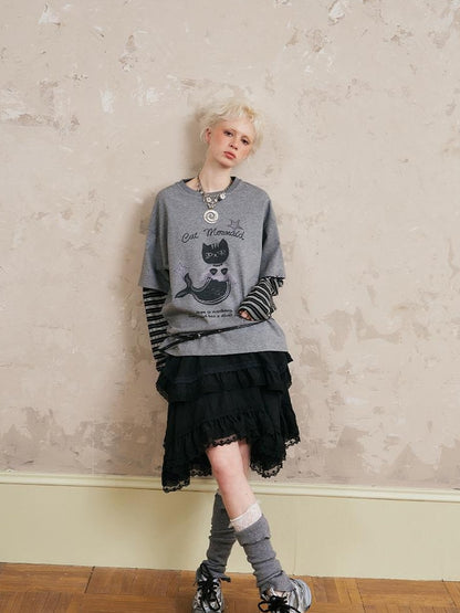 DIDDI MODA Mermaid Cat Fantasy Tee Lace Tiered Skirt Set