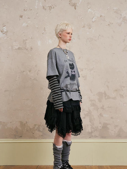 DIDDI MODA Mermaid Cat Oversized Layered Tee With Stripe Sleeves