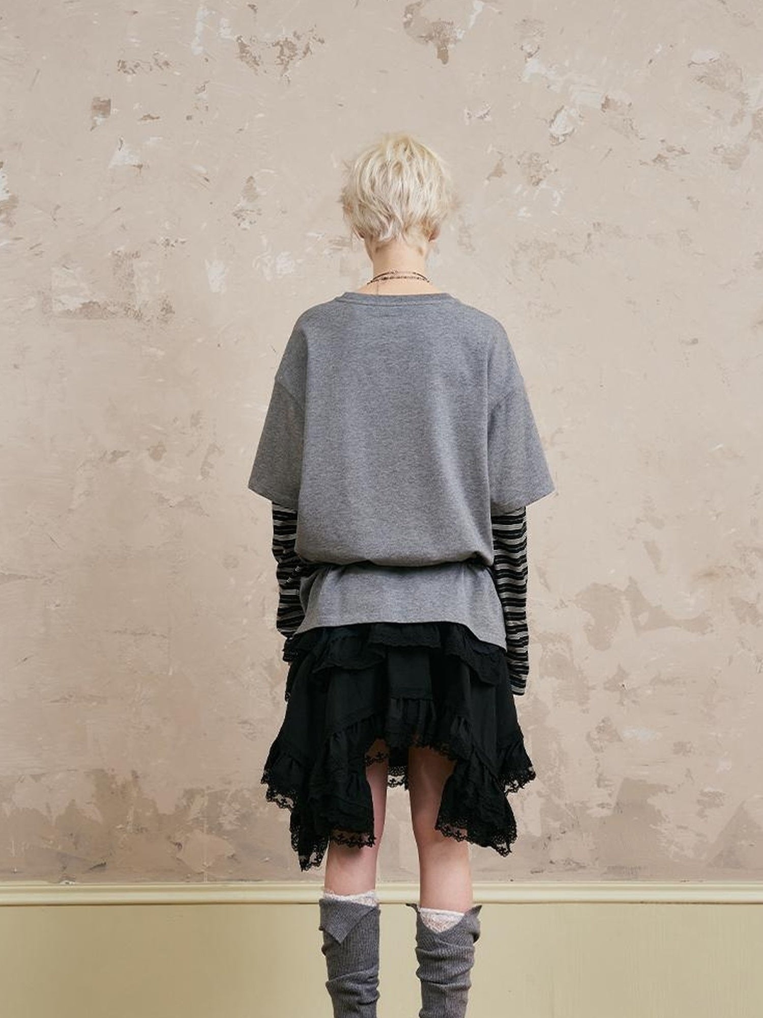 DIDDI MODA Mermaid Cat Oversized Layered Tee With Stripe Sleeves
