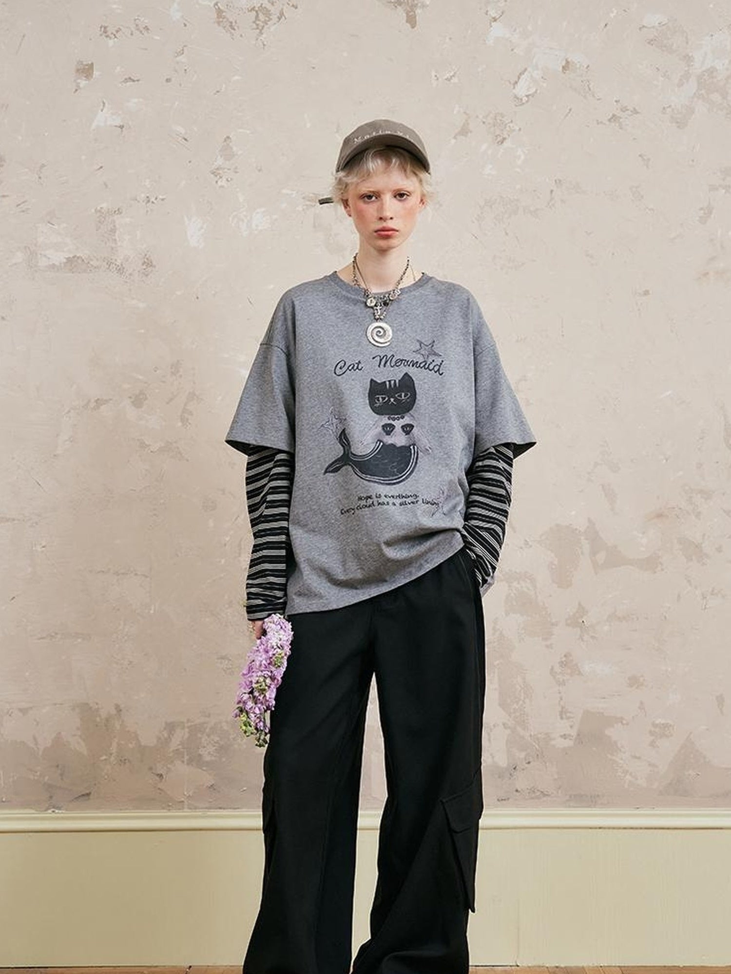 DIDDI MODA Mermaid Cat Oversized Layered Tee With Stripe Sleeves