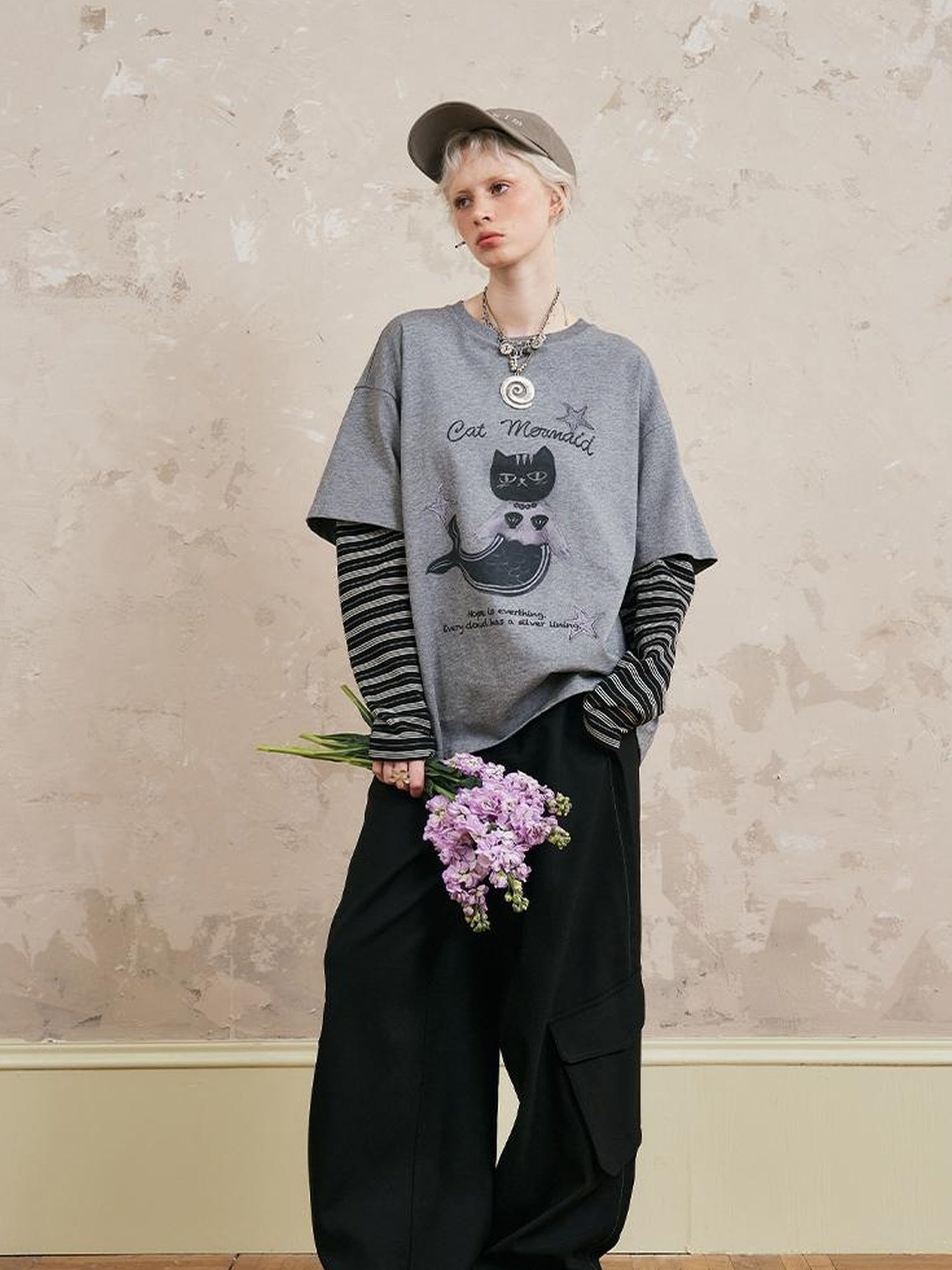 DIDDI MODA Mermaid Cat Oversized Layered Tee With Stripe Sleeves