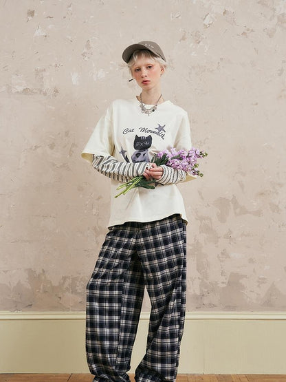 DIDDI MODA Mermaid Cat Oversized Layered Tee With Stripe Sleeves