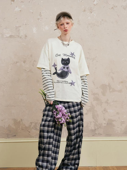 DIDDI MODA Mermaid Cat Oversized Layered Tee With Stripe Sleeves