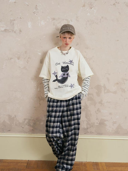 DIDDI MODA Mermaid Cat Oversized Layered Tee With Stripe Sleeves